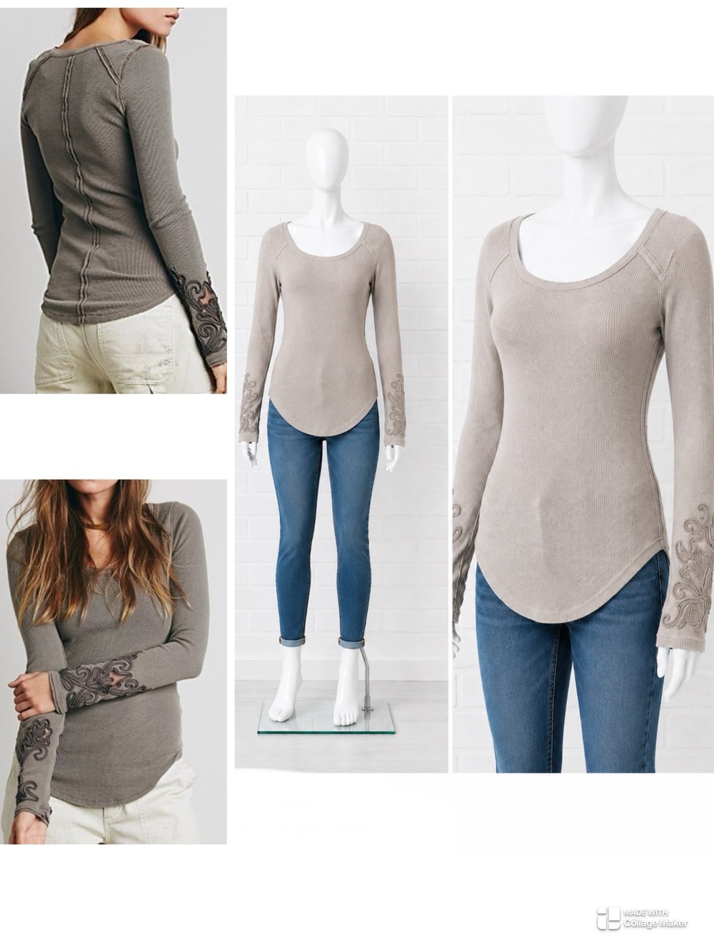 Free People Masquerade Cuff Thermal Top Embroidered Long Sleeve‎ Beige Medium